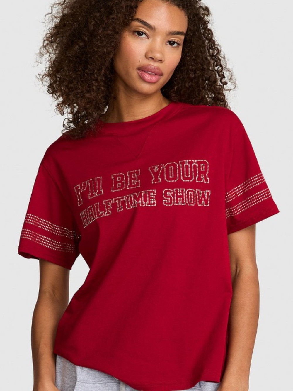 💋VS Pink bling Campus Cotton V-Stitch Crewneck Boxy tee sz S NWT